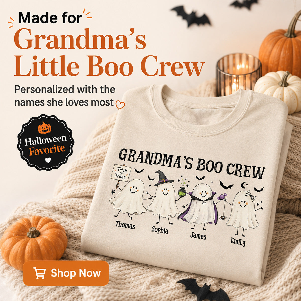 Grandma's Boo Crew Cute Doodle Ghosts - Personalized Shirt - Perfect Halloween Costume for Grandma