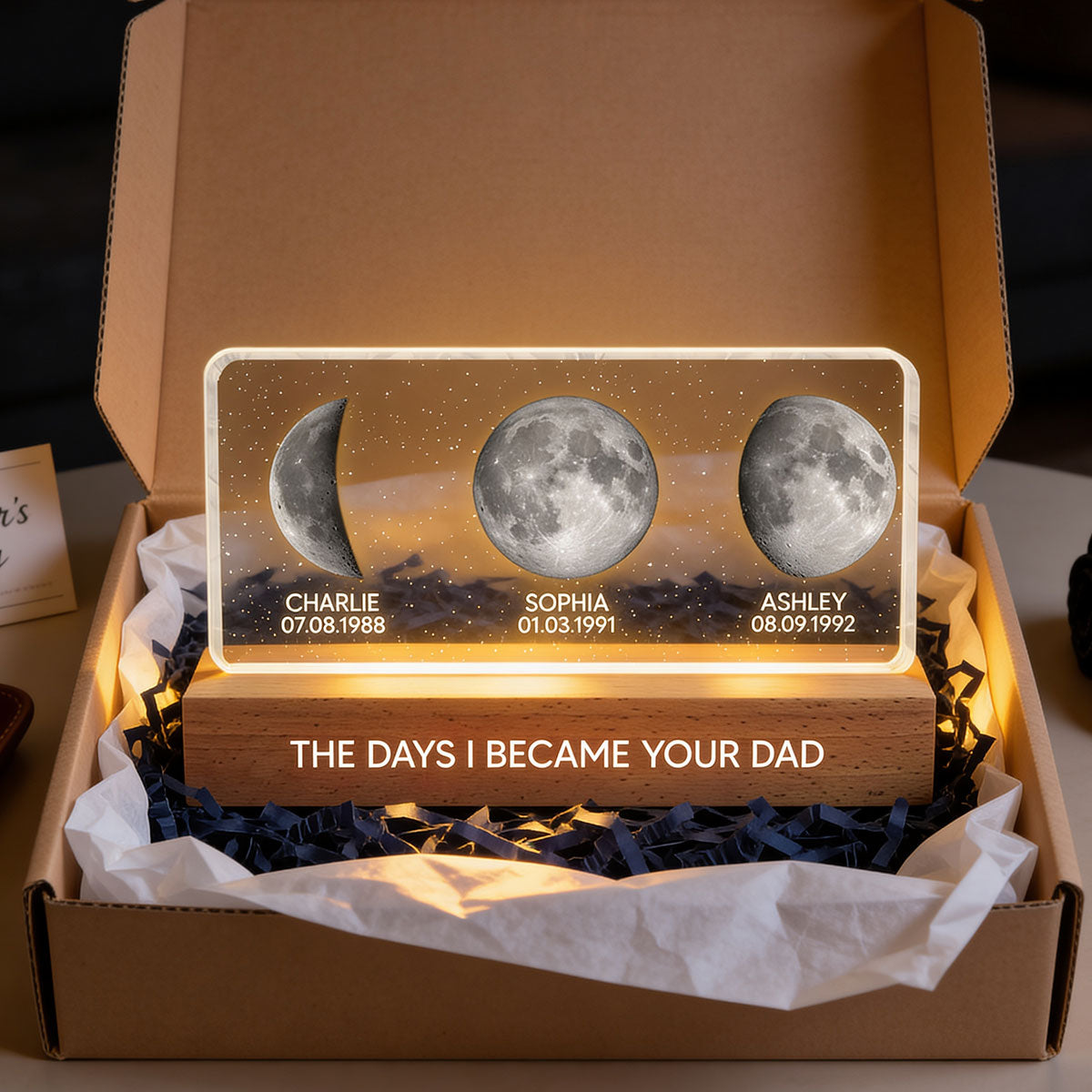 The Days You Became Our Dad Custom Children Birthdate Moon Phase - Personalized Acrylic Block LED Night Light - Heartfelt Father's Day For Dad