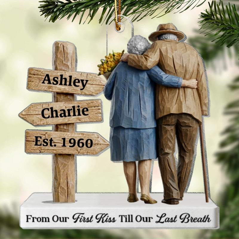 3D Effect Wooden Old Couple Sign Post - Personalized Acrylic Ornament - Heartwarming Christmas Gift For Him, For Her, For Couple
