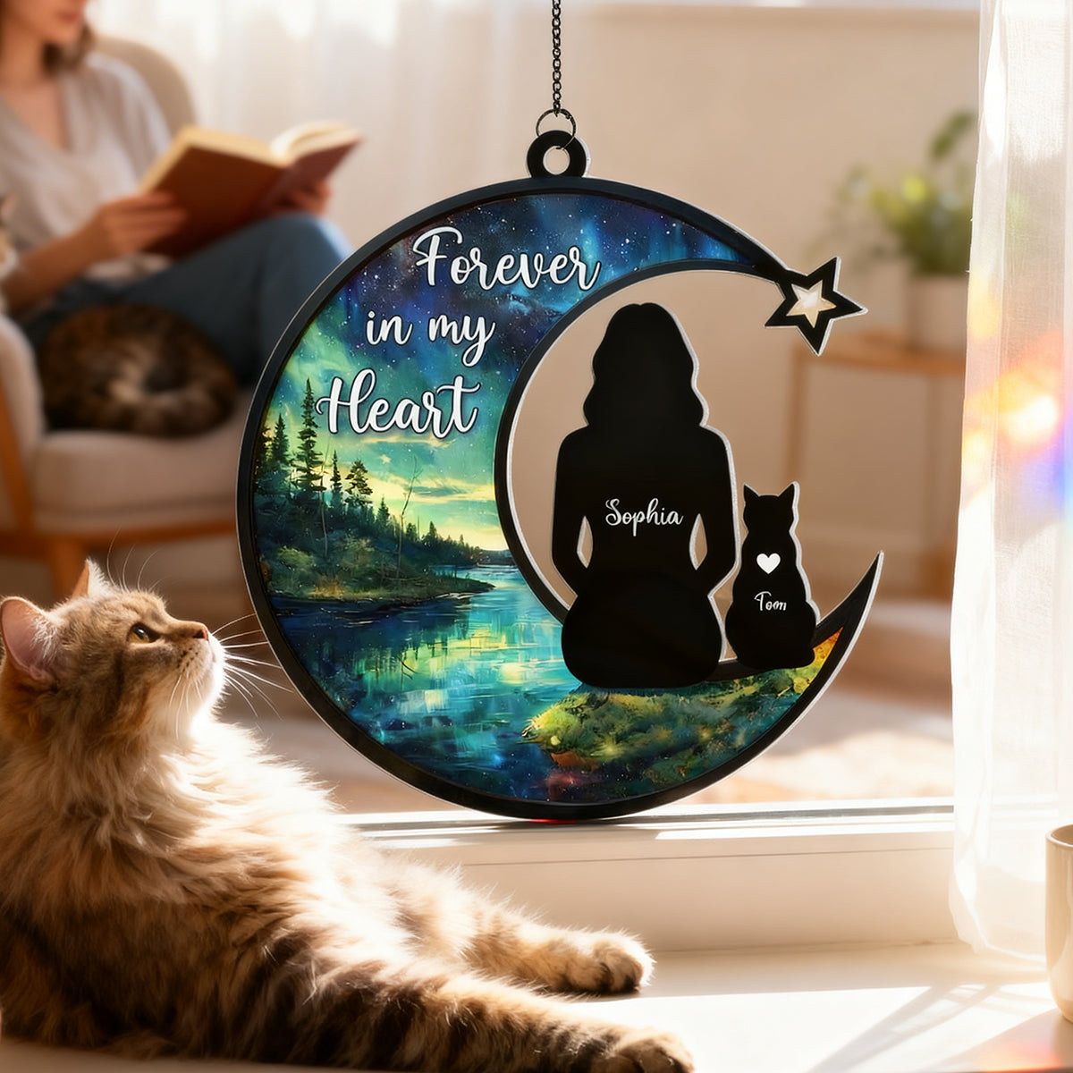 Cat Memorial Forever In My Heart - Personalized Stained Glass Suncatcher Ornament - Gift For Cat Lovers, Cat Mom
