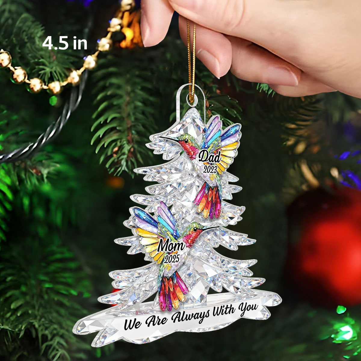 3D Effect Flat Christmas Tree Hummingbird Memorial - Personalized Acrylic Ornament - Remembrance Gift, Sympathy Gift