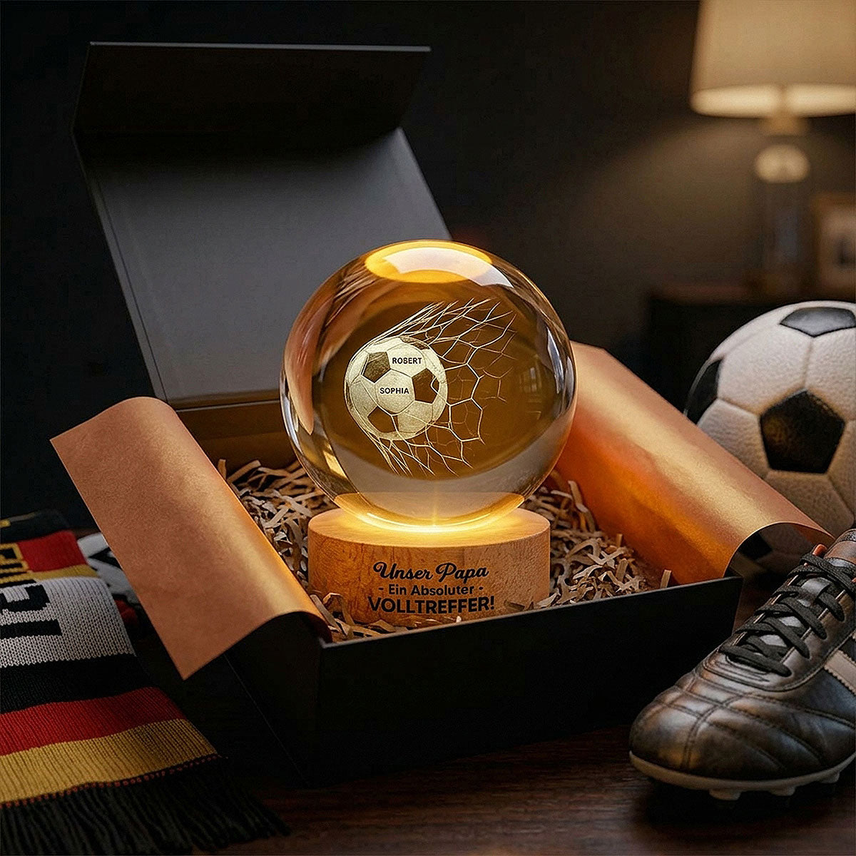 Unser Papa Ein absoluter Volltreffer - Personalisiertes Kristallkugel LED Nachtlicht – Geschenk zum Vatertag für Fußball-Papa – Mit Namen