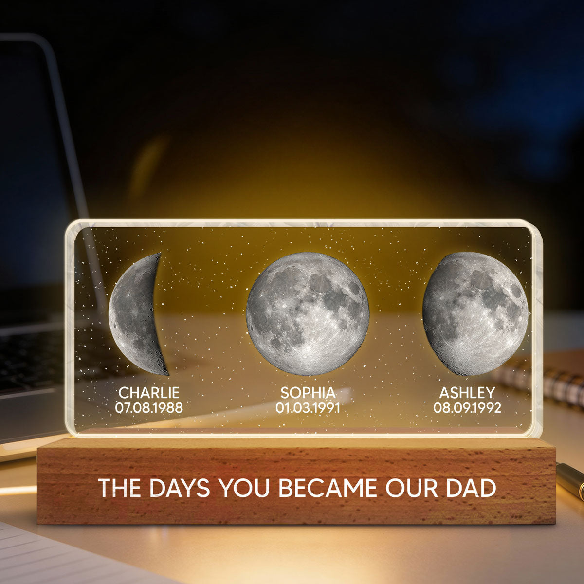 The Days You Became Our Dad Custom Children Birthdate Moon Phase - Personalized Acrylic Block LED Night Light - Heartfelt Father's Day For Dad