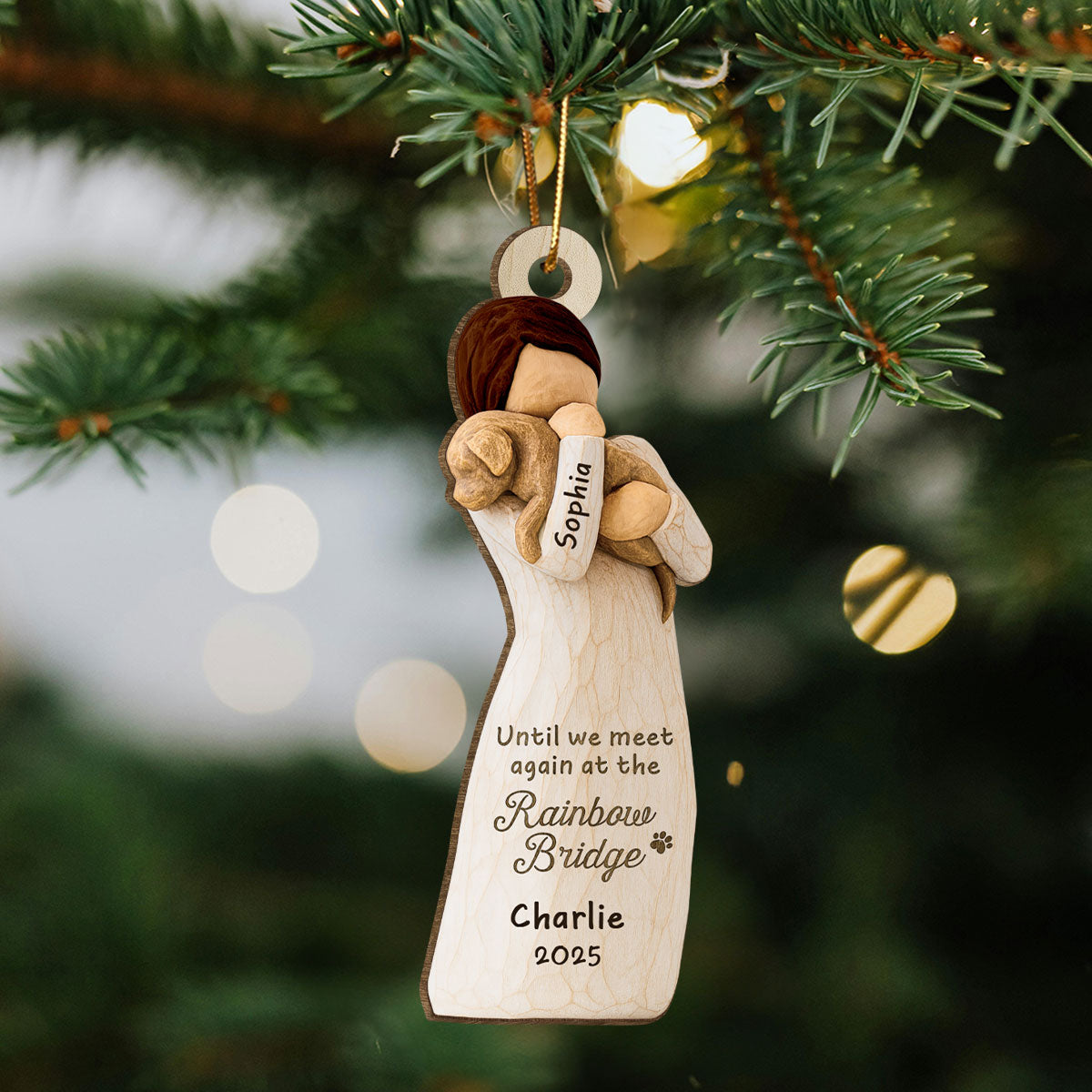 Until We Meet At Rainbow Bridge Woman & Dog 3D Effect - Personalized Wooden Ornament - Memorial Keepsake