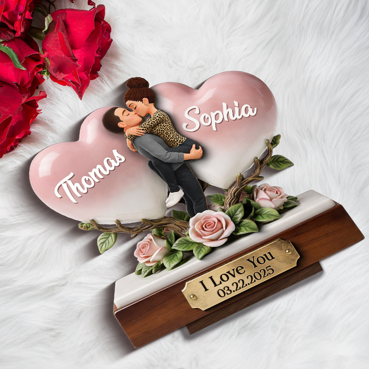 I Love You Couple Heart Rose - Personalized 2-Layered Wooden Plaque - Anniversary, Valentine's Day Gift, Gift For Him, Gift For Her
