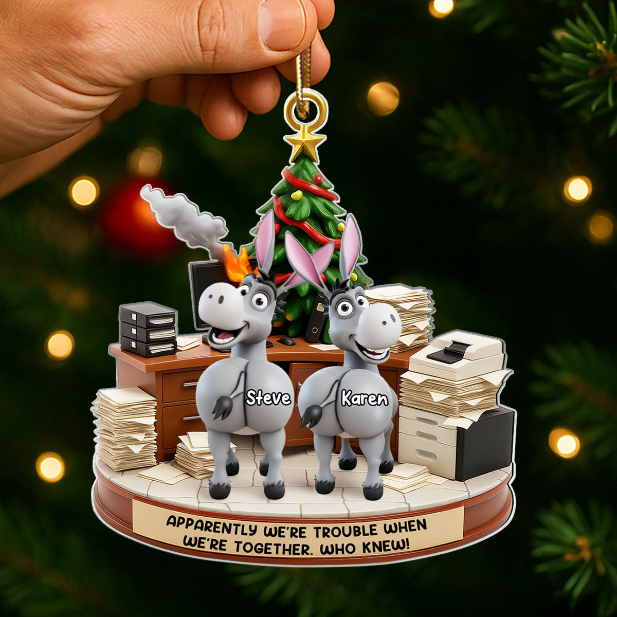 Trouble Together Donkey Coworker Office Decoration - Personalized Acrylic Ornament - Custom Employee Gift Exchange, White Elephant Gift