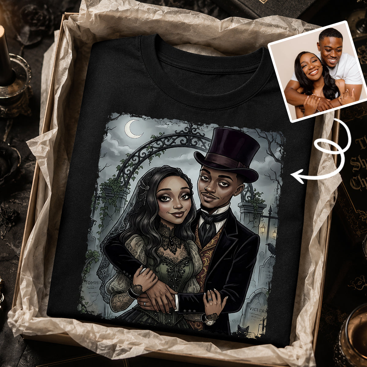 Custom Gothic Couple Portrait from Photo - Personalized Shirt - Couple Halloween Matching Shirts, Anniversary Gift for Her, for Him
