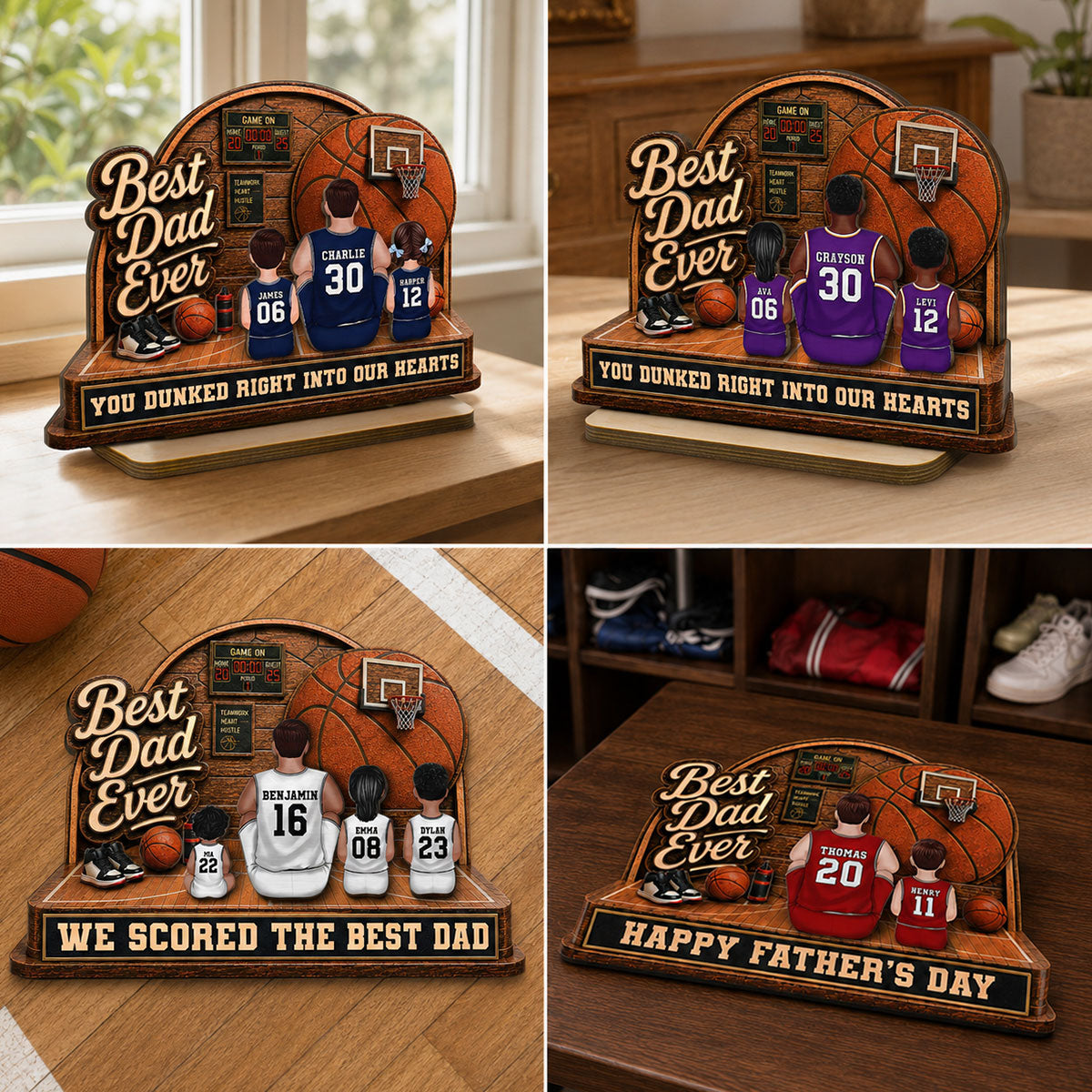 MVP Dad Back View Basketball Man & Kids 2D Flat - Personalized 2-Layered Wooden Plaque -  Gift For Basketball Dad