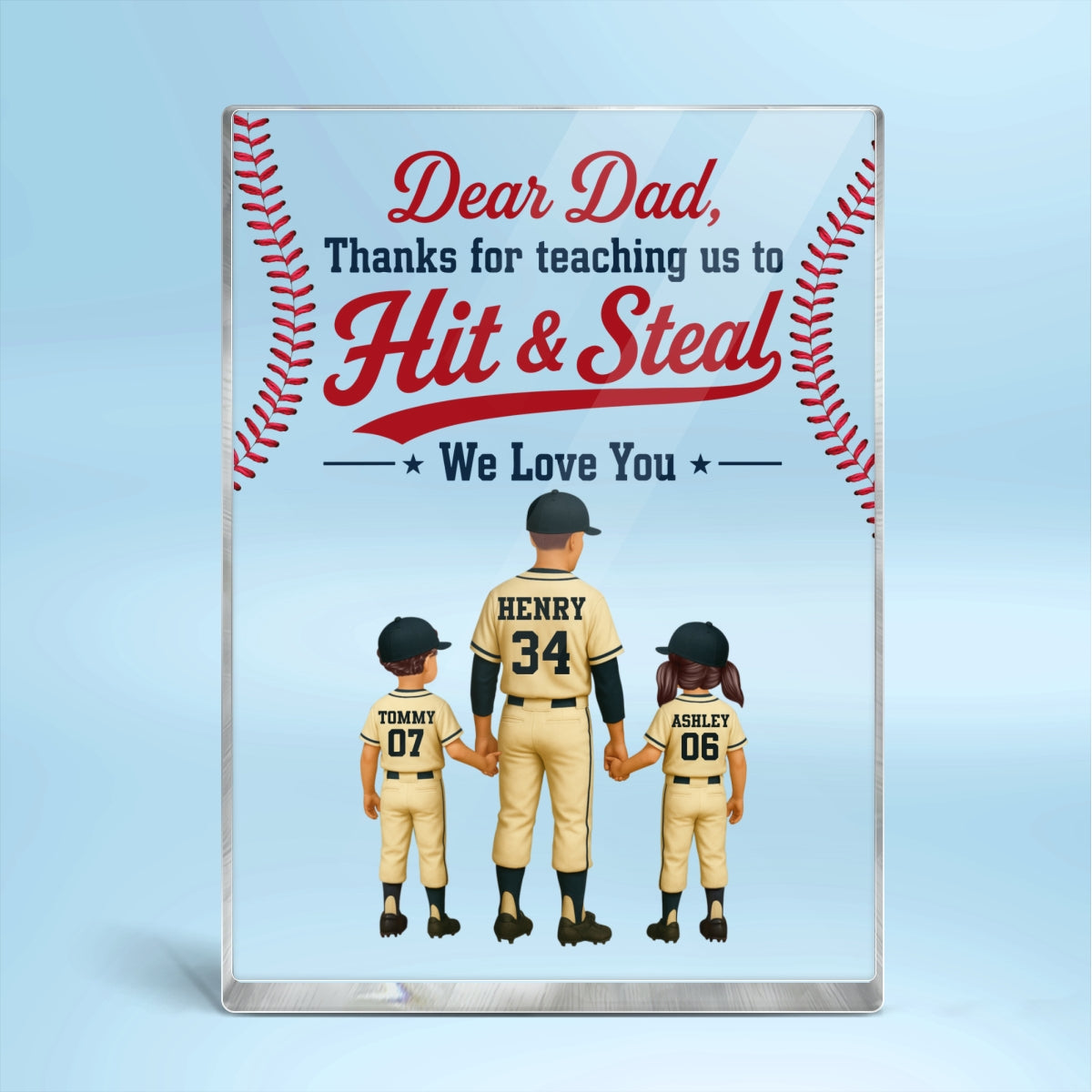 Thank You For Teaching Us To Hit & Steal Baseball Dad & Kids - Personalized Acrylic Block Plaque -  Gift For Dad, Husband