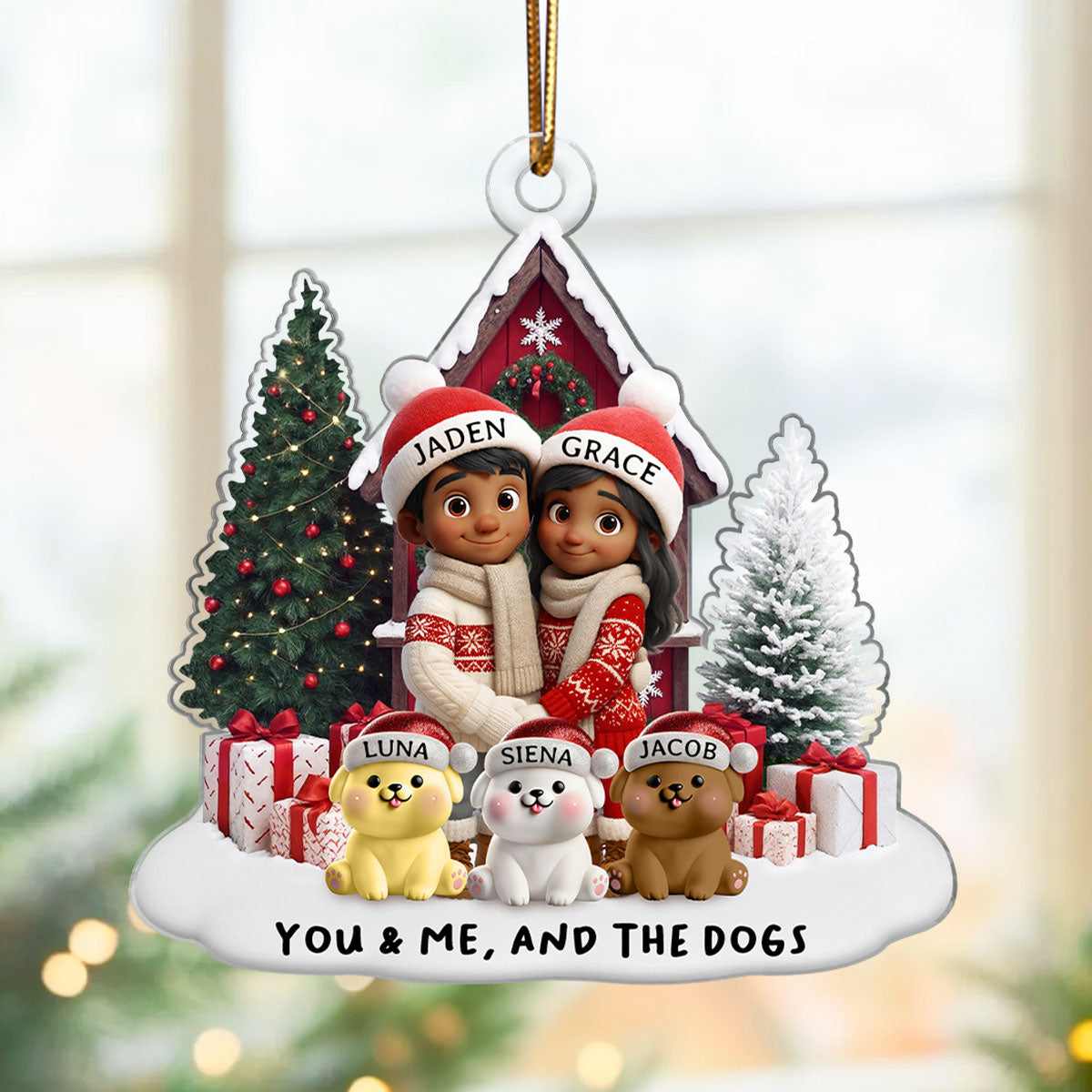 Couple & Dogs Cats Farm House - Personalized Acrylic Ornament - Christmas Gift for him, Gift for her, Gift for Pet Lovers