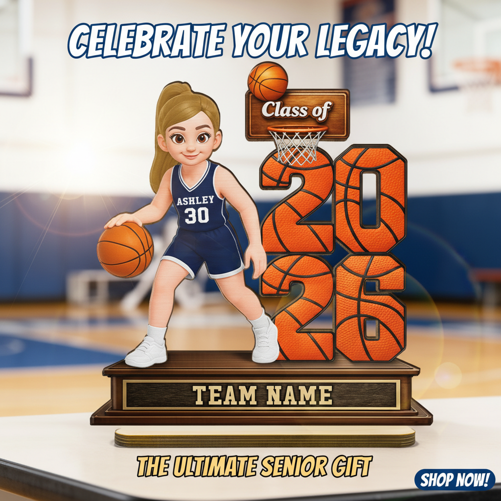 Basketball Senior Playing On Court Class Of 2026 2027 - Personalized 2-Layered Wooden Plaque - Graduation Gift For Son, Daughter