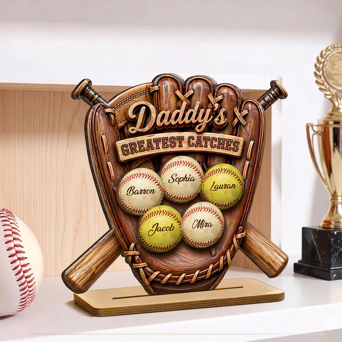 Daddy's Greatest Catches Baseball Softball - Personalized 2-Layered Wooden Plaque -  Gift for Husband, Dad