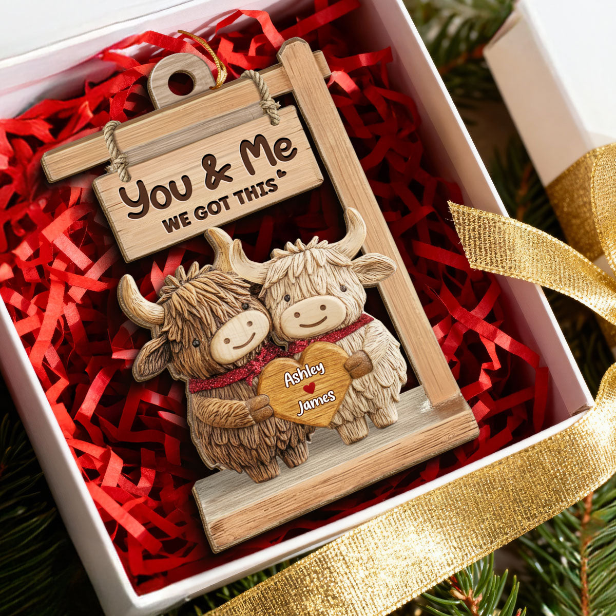 3D Effect Highland Cows Couple - Personalized Wooden Ornament - Gift For Him, Gift For Her