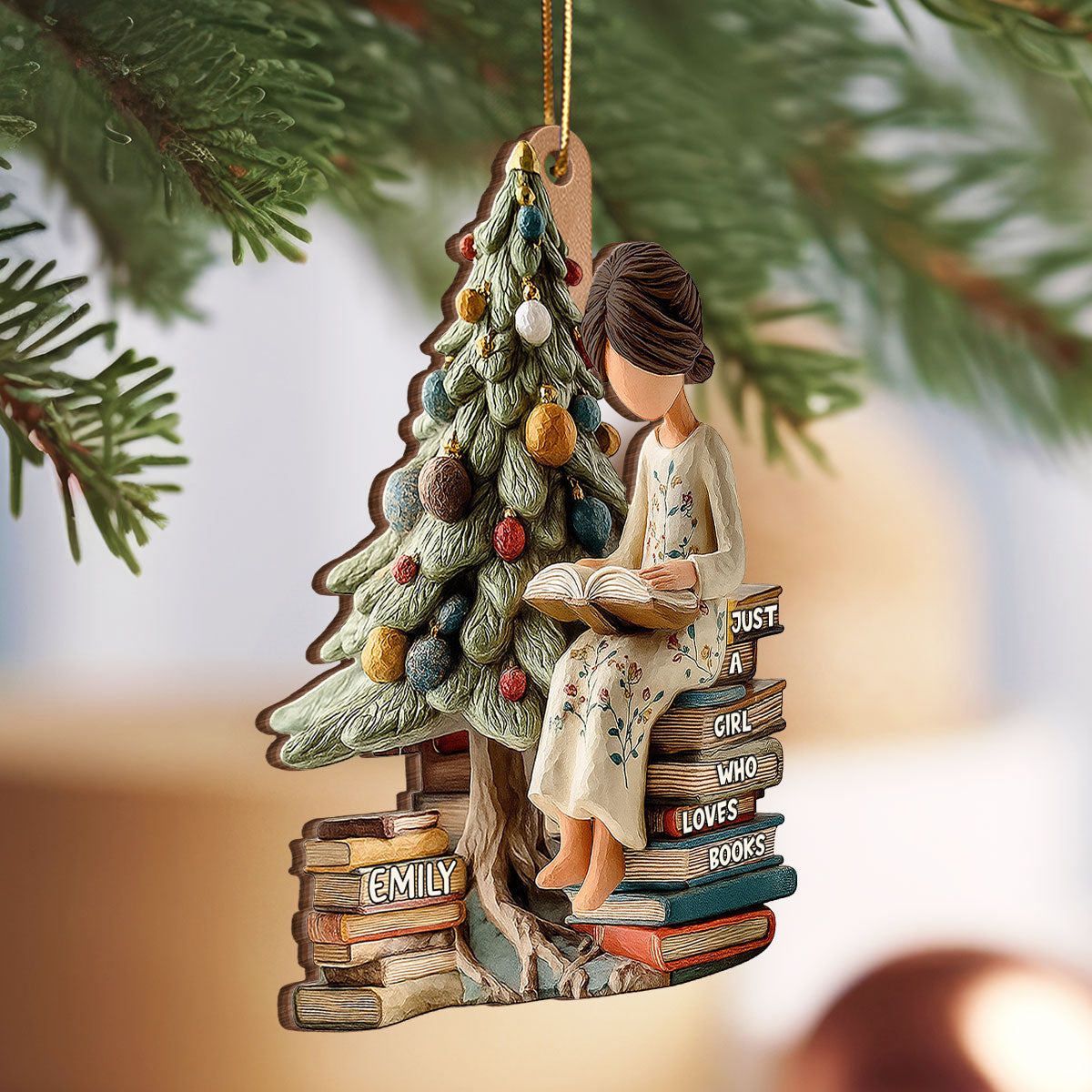Holiday Reading By The Tree 3D Effect - Personalized Wooden Ornament - Christmas Gift For Book Lover, Bookworm