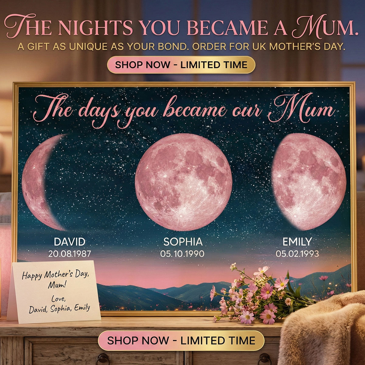 Pink Custom Moon Phase Birth Moon Beautiful Hill At Night - Personalised Poster