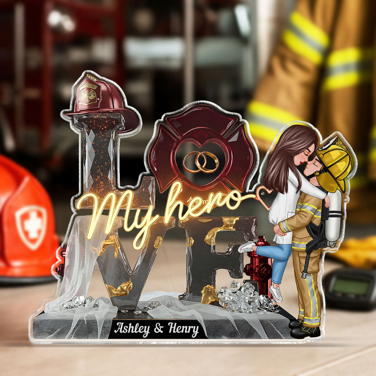 My Hero Firefighter Couple - Personalized Acrylic Block Plaque - Valentine's Day For Him, For Her