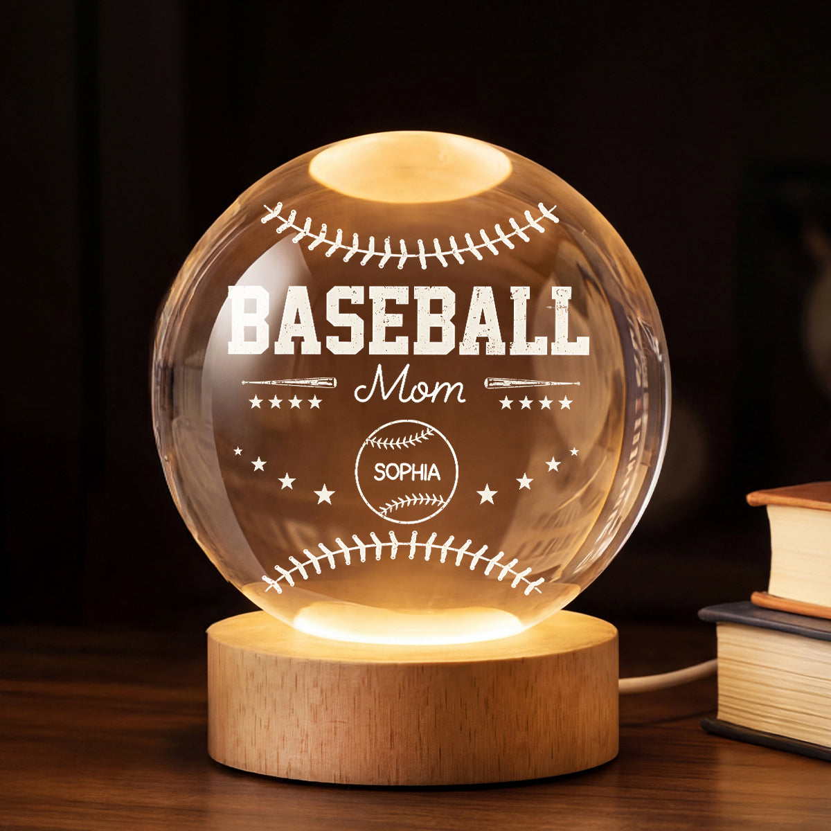 Baseball Mom And Kids Together - Personalized Crystal Ball LED Night Light - Mother's Day Gift For Baseball Mom, Gift For Wife