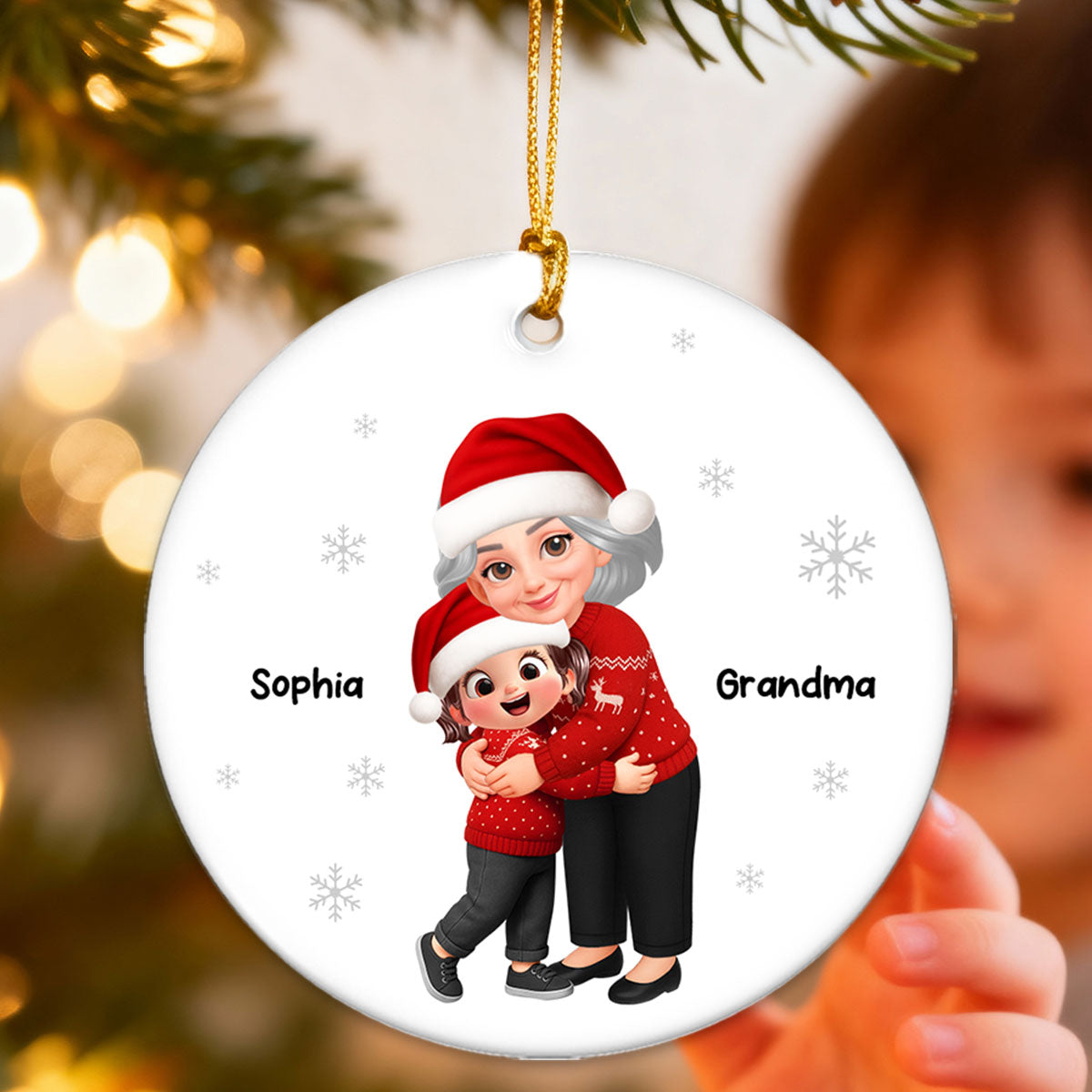 Christmas Grandma Hugging Grandkid - Personalized Ceramic Ornament - Heartwarming Gift For Kids, Grandmas