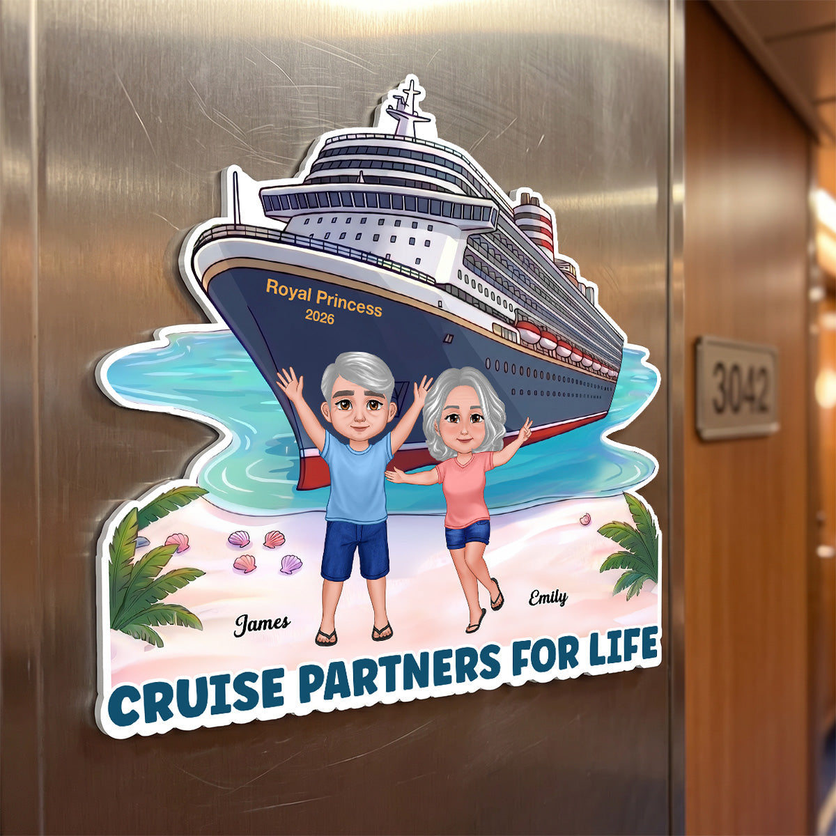 Cruise Trip Happy Couple On The Beach - Personalized Cruise Cabin Door Magnet - Cruise Trip Keepsake
