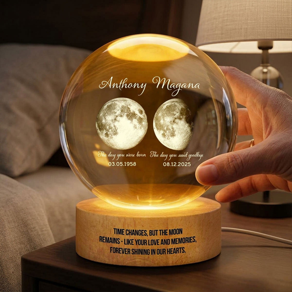 Lost Loved One Moon Phase Art - Personalized Crystal Ball LED Night Light - Memorial Keepsake Sympathy Gift