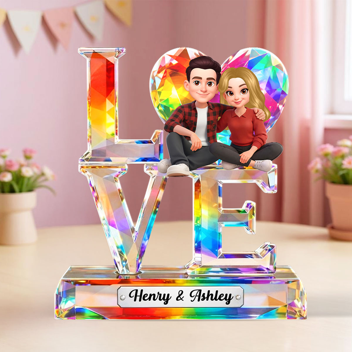 Love Couple Valentine Crystal Pattern - Personalized Acrylic Block Plaque - Anniversary, Valentine's Day Gift, Gift For Him, Gift For Her