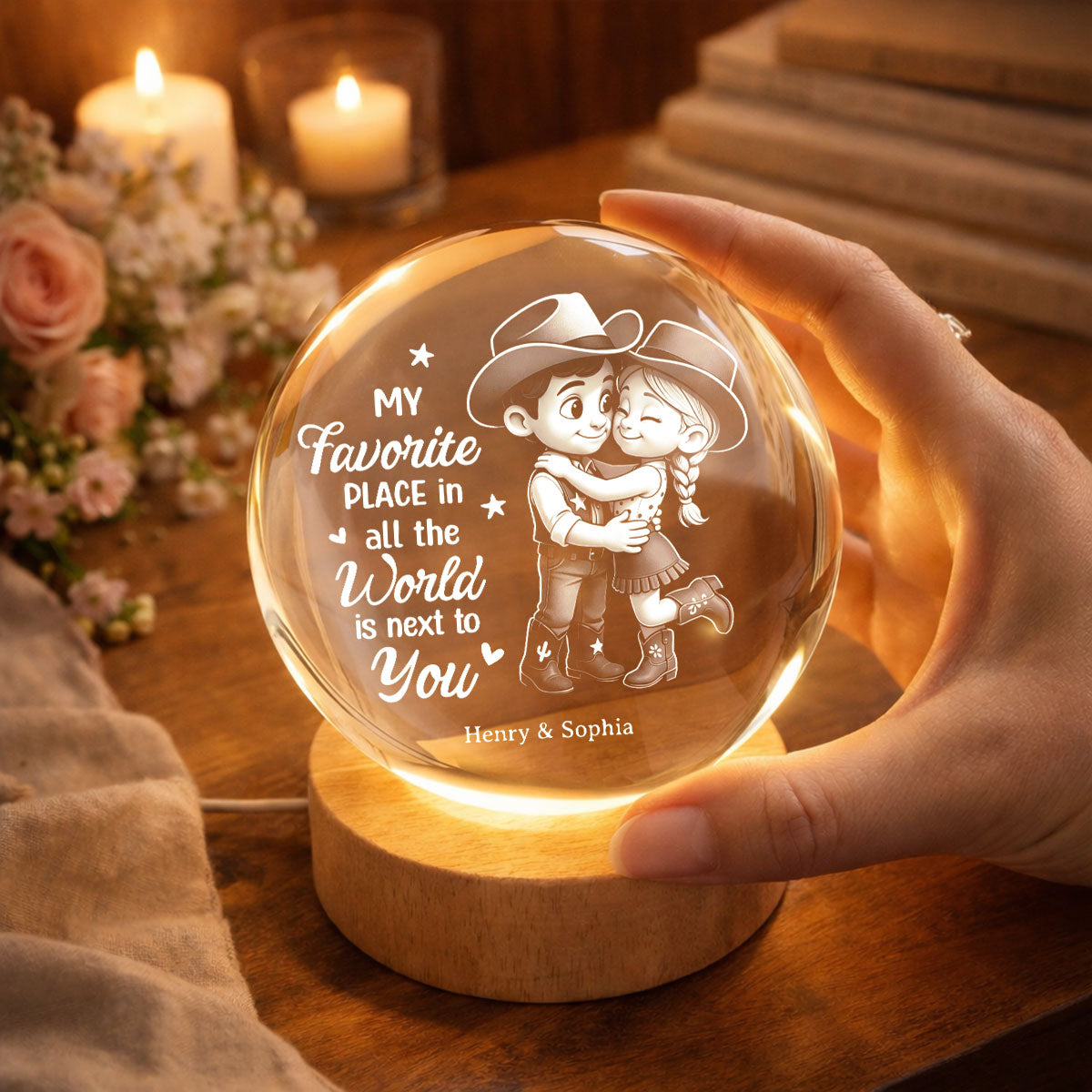 Countryside Couple Cowboy Cowgirl - Personalized Crystal Ball LED Night Light - Anniversary, Valentine's Day Gift, Gift For Him, Gift For Her