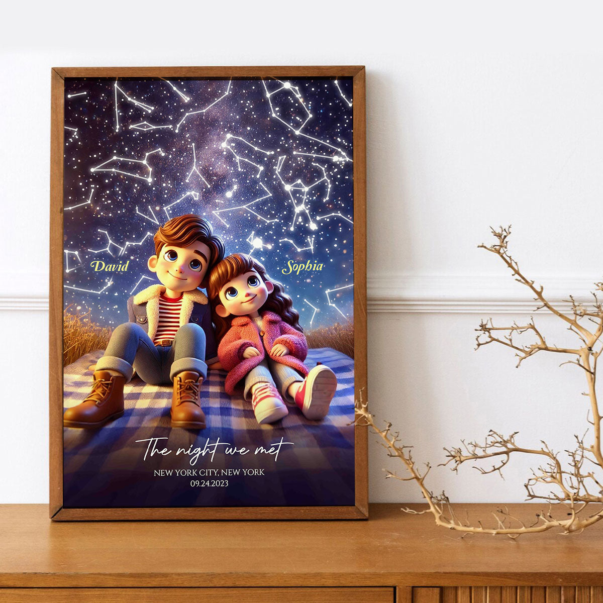 Cartoon Couple Sitting Under the Starry Night Personalized Poster, Custom Star Map by Date & Location, Anniversary, Birthday Gift for him, Gift for her