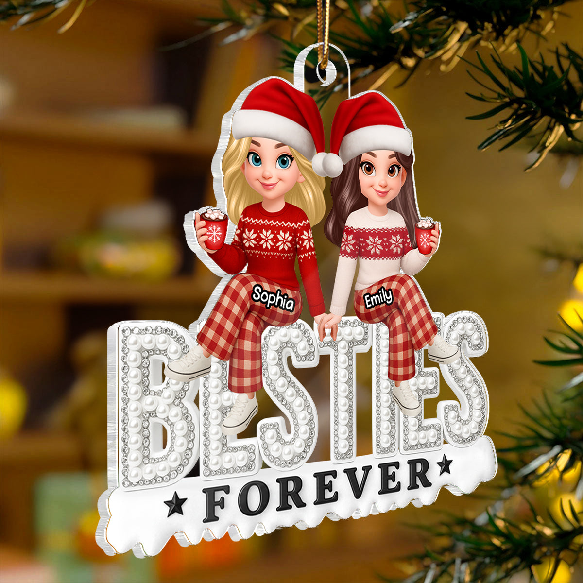 3D Pearl Rhinestone Besties - Personalized Acrylic Ornament - Christmas Gift for Best Friends