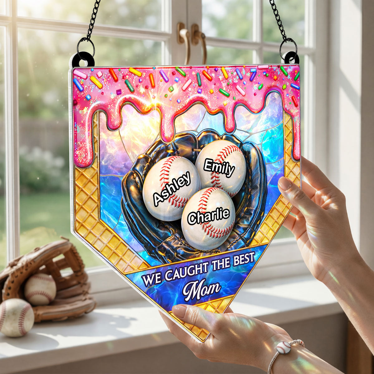 Icecream Drip Baseball We Caught the Best Mom - Personalized Suncatcher - Mother's Day Gift for Mom, Wife