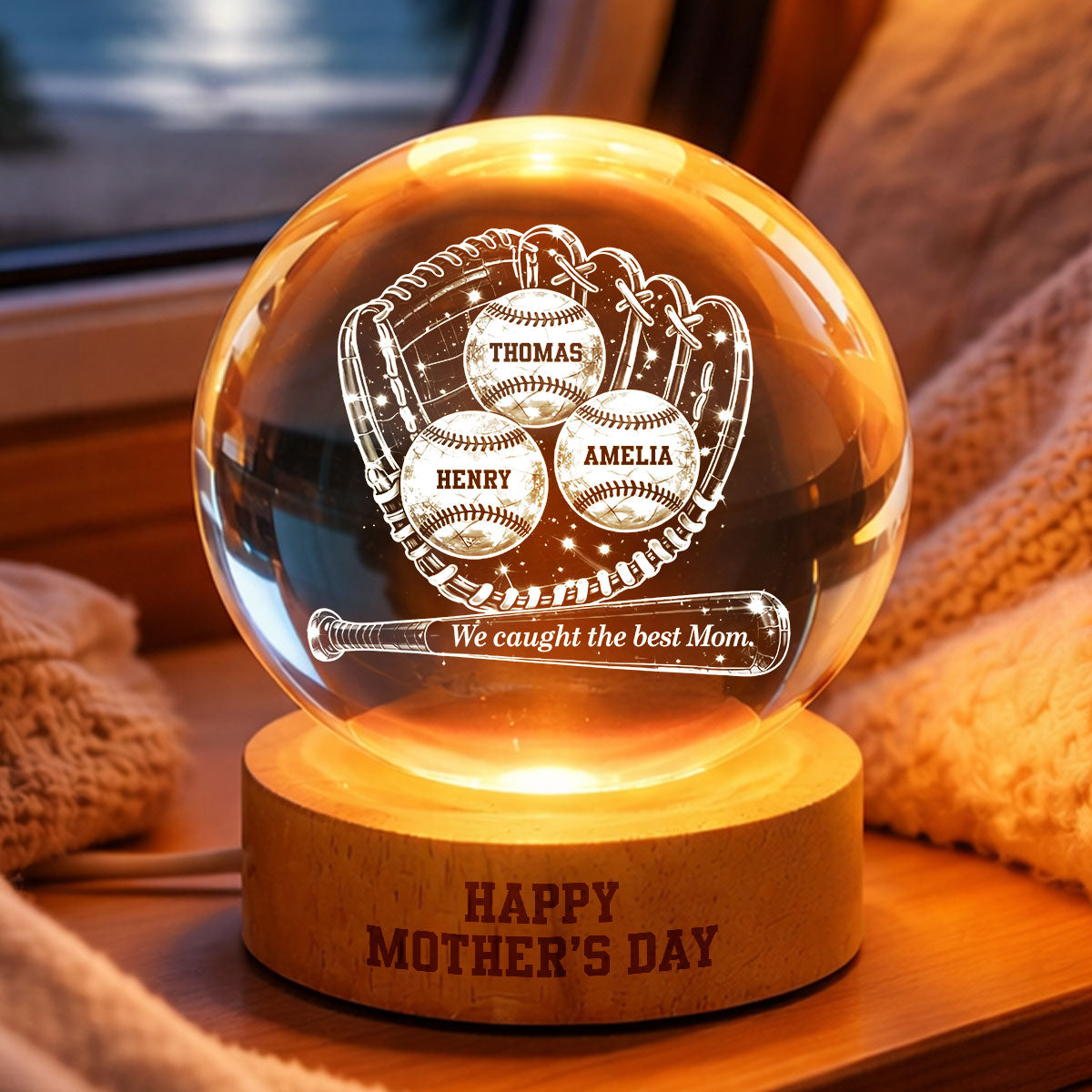 Happy Mother's Day Baseball Mom - Personalized Crystal Ball LED Night Light - Mother's Day Gift for Mom, Wife