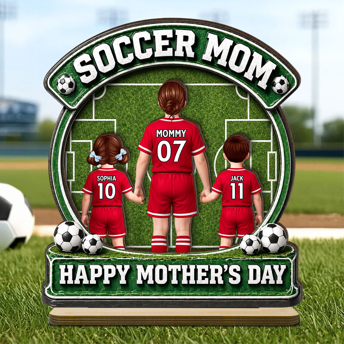 Soccer Mom Back View And Kids - Personalized 2-Layered Wooden Plaque - Heartfelt Gift For Soccer Mom, Gift For Wife