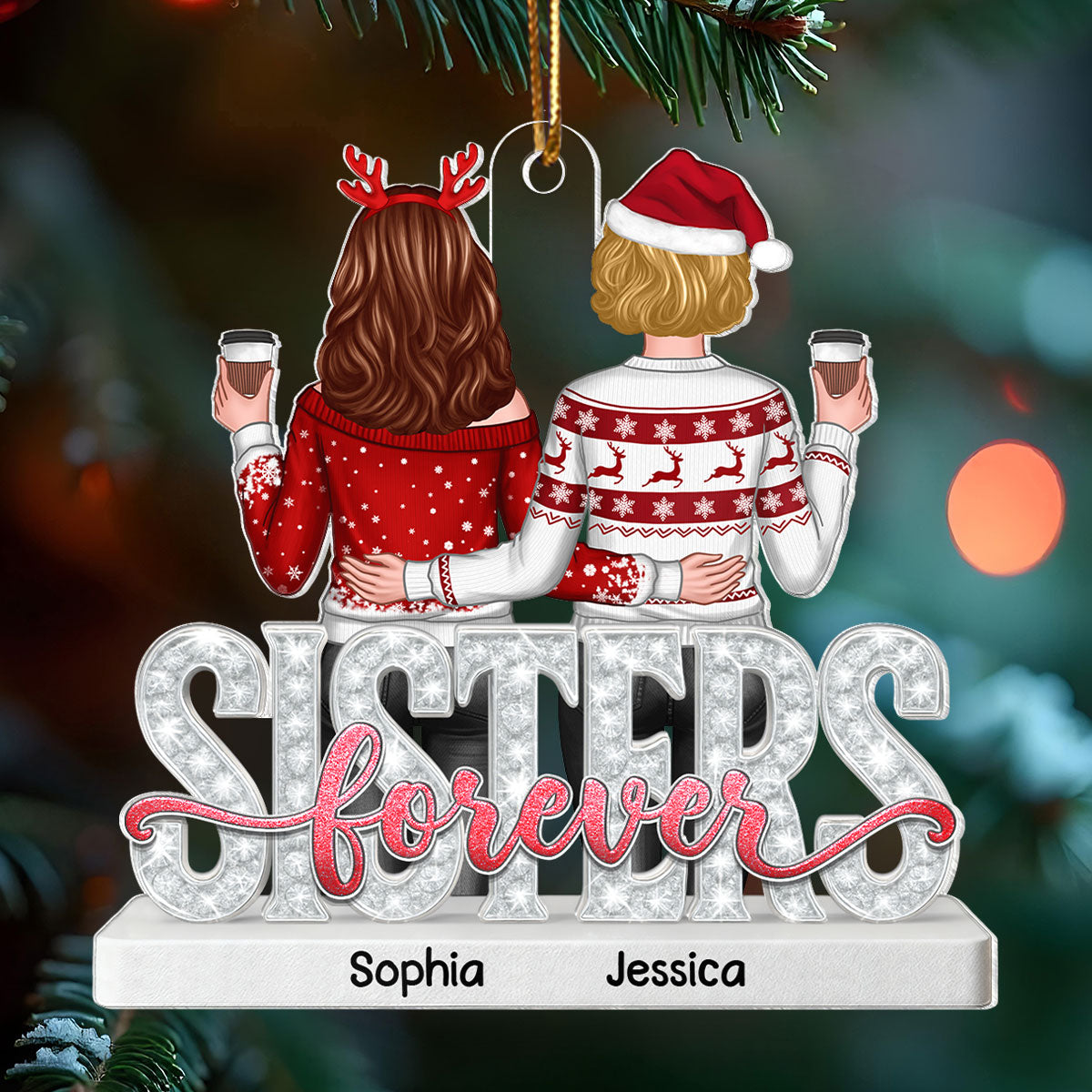 Sisters Forever Pattern Crystal - Personalized Acrylic Ornament - Heartwarming Christmas Gift For Sisters, Besties