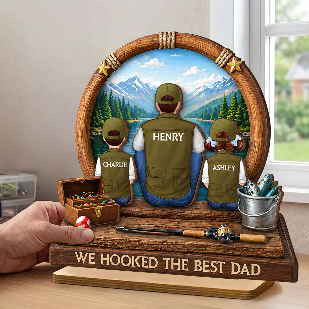 Fishing Dad Kids Mountain Lake - Personalized 2-Layered Wooden Plaque - Heartfelt Gift For Fishing Dad, Gift For Husband