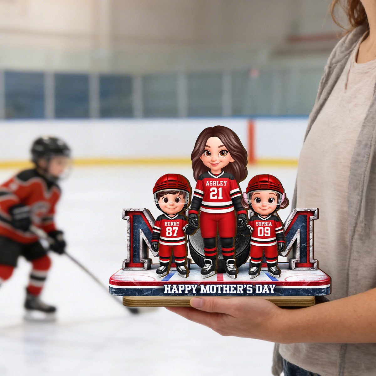 Mom And Her Kids Together Hockey - Personalized 2-Layered Wooden Plaque - Mother's Day Gift For Hockey Mom, Gift For Wife