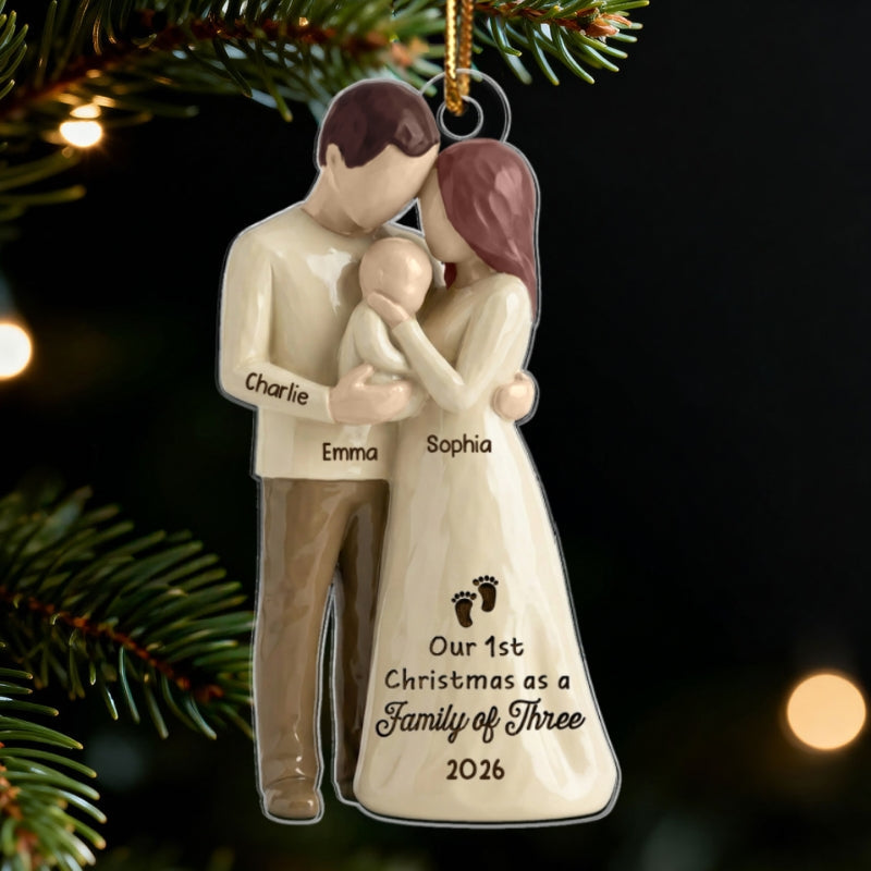 3D Effect First Christmas As Family Of Three Mom Dad & Baby - Personalized Acrylic Ornament
