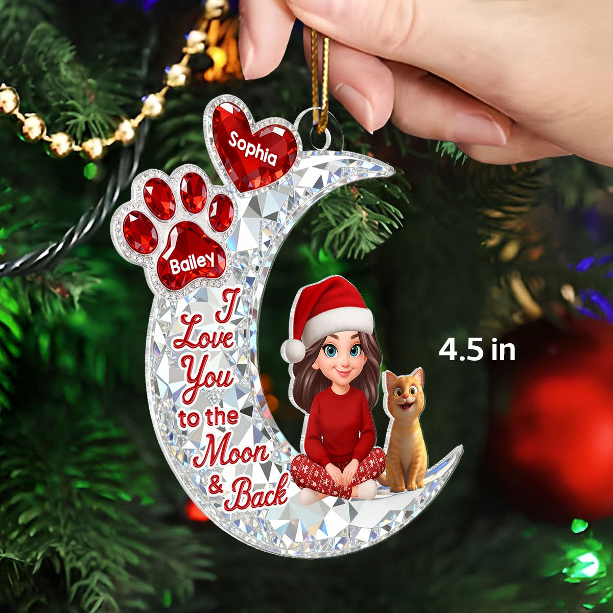 3D Effect Flat Woman And Dog Cat On Moon - Personalized Acrylic Ornament - Christmas Gift For Dog, Cat Lovers