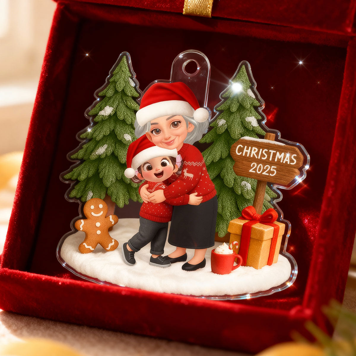 3D Effect Grandma Hugging Grandkid Festive Christmas - Personalized Acrylic Ornament - Gift For Grandkids