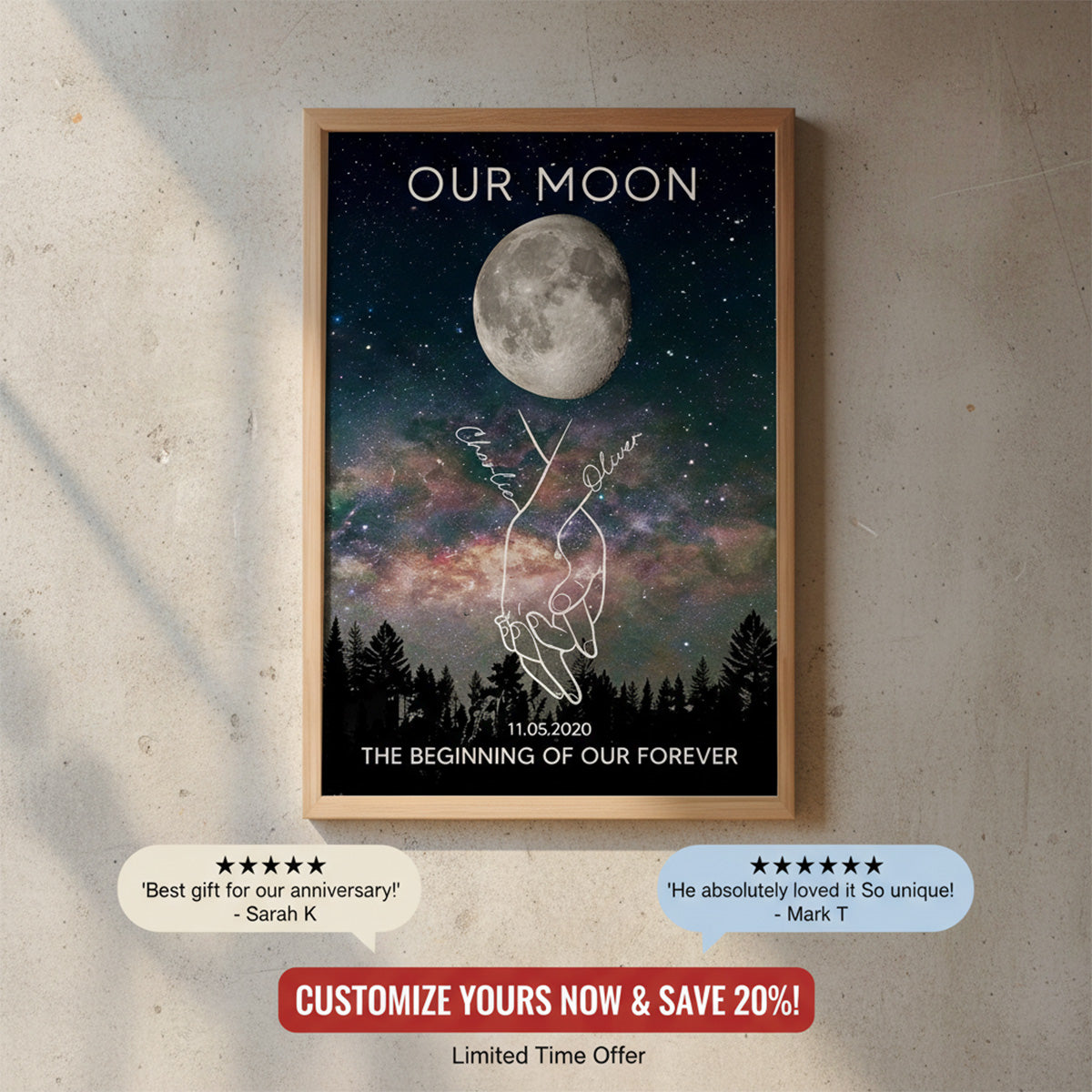 Timeless Love Couple Holding Hands Line Art Custom Moon Phase Anniversary Date - Personalized Poster - Gift For Couple