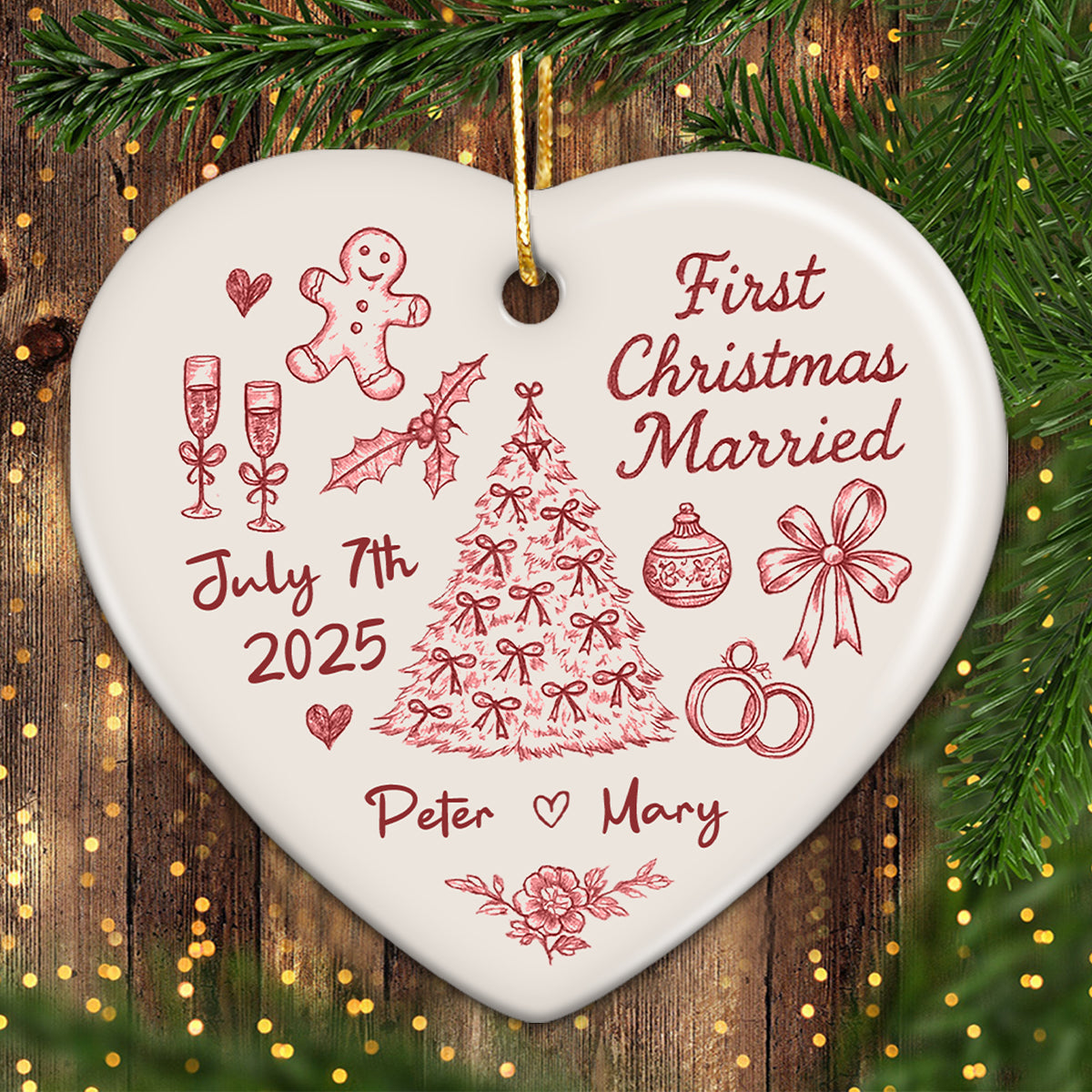 First Christmas Married Toile De Jouy Pattern - Personalized Ceramic Ornament - Christmas Gift For Him, For Her, For Couple