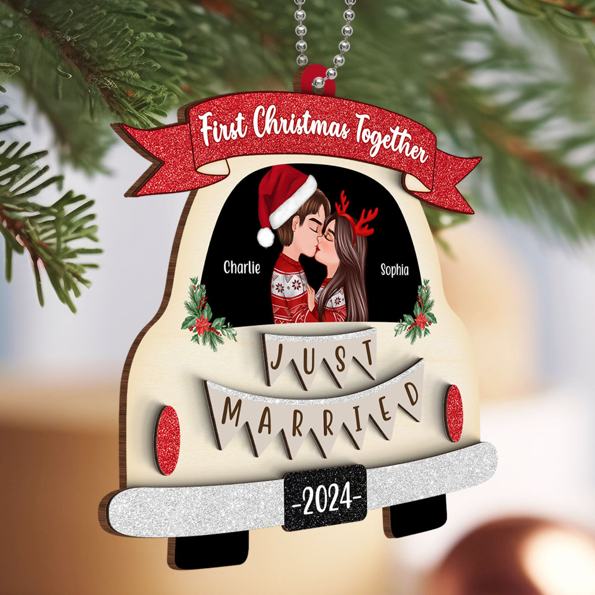 First Christmas Married Couple In Wedding Car Personalized 2-Layer Wooden Ornament, Christmas Gift For Newlyweds
