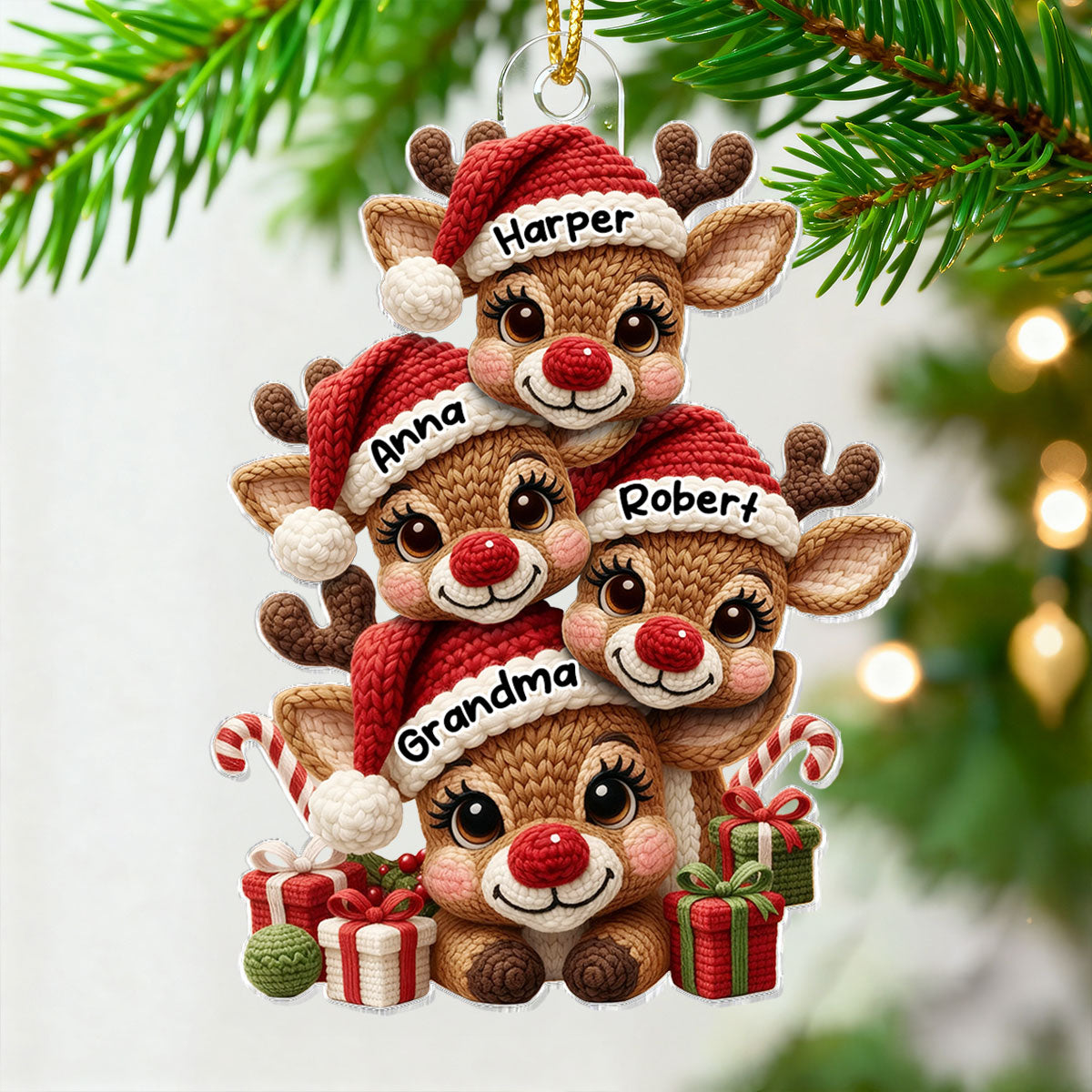 3D Effect Faux Yarn Grandma & Grandkids Reindeer Christmas - Personalized Acrylic Ornament - Gift for Grandma, Grandkids