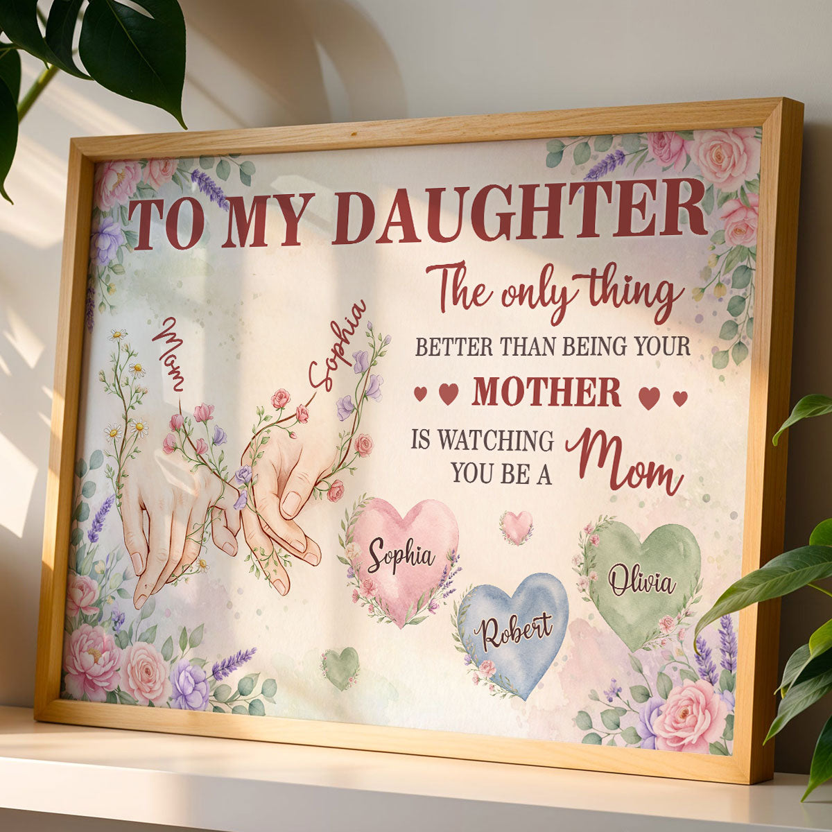 Floral To My Daughter Mom And Daughter Holding Hands Custom Kids Names - Personalized Poster - Mother's Day Gift For Daughter