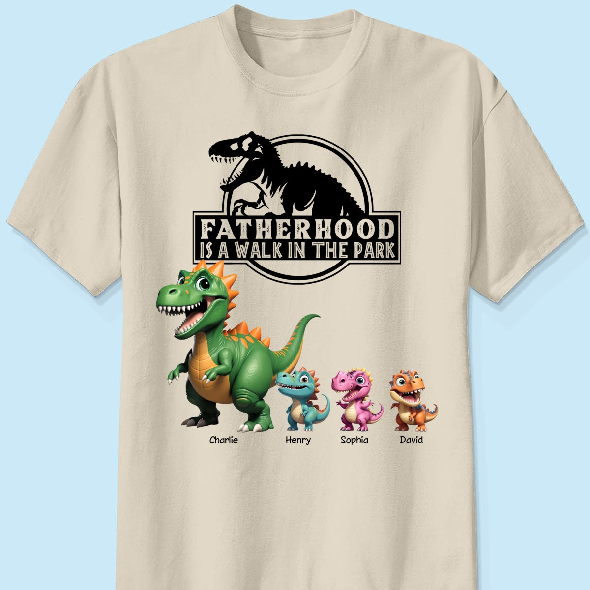 Fatherhood Is A Walk In The Park Custom Cartoon Dinosaurs - Personalized Shirt - Father's Day Gift For Husband, Dad
