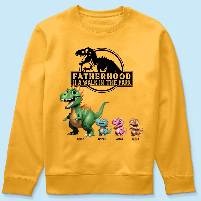 Fatherhood Is A Walk In The Park Custom Cartoon Dinosaurs - Personalized Shirt - Father's Day Gift For Husband, Dad