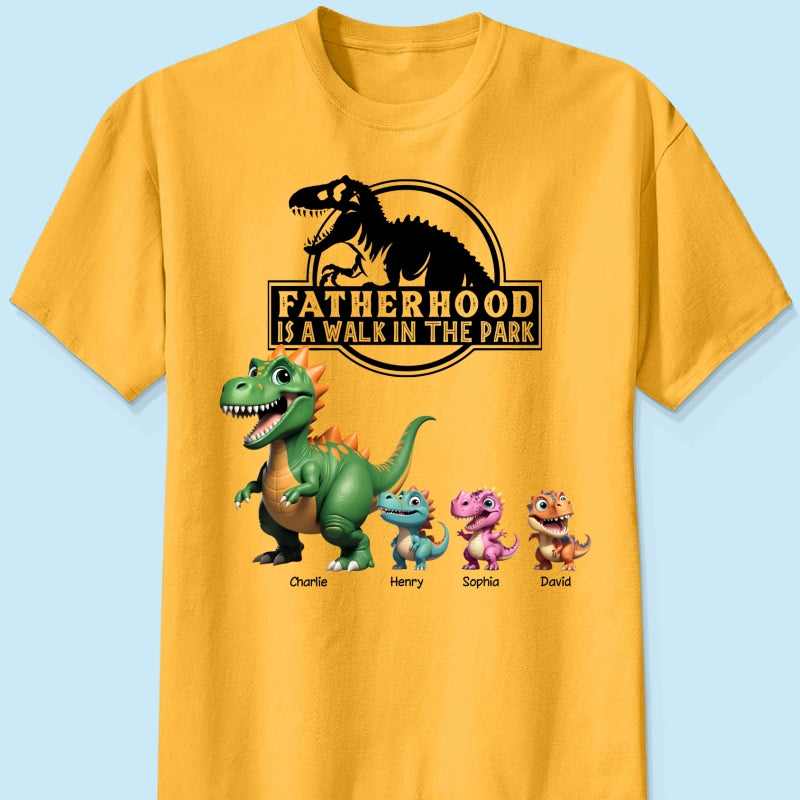 Fatherhood Is A Walk In The Park Custom Cartoon Dinosaurs - Personalized Shirt - Father's Day Gift For Husband, Dad