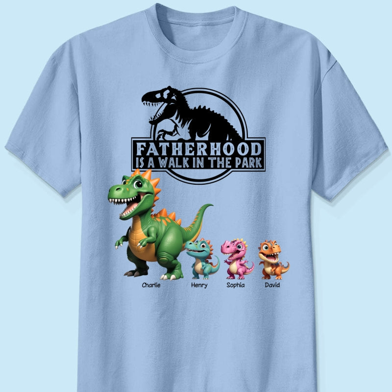 Fatherhood Is A Walk In The Park Custom Cartoon Dinosaurs - Personalized Shirt - Father's Day Gift For Husband, Dad