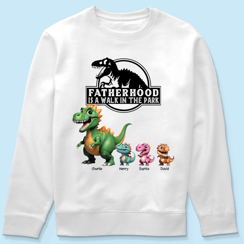Fatherhood Is A Walk In The Park Custom Cartoon Dinosaurs - Personalized Shirt - Father's Day Gift For Husband, Dad