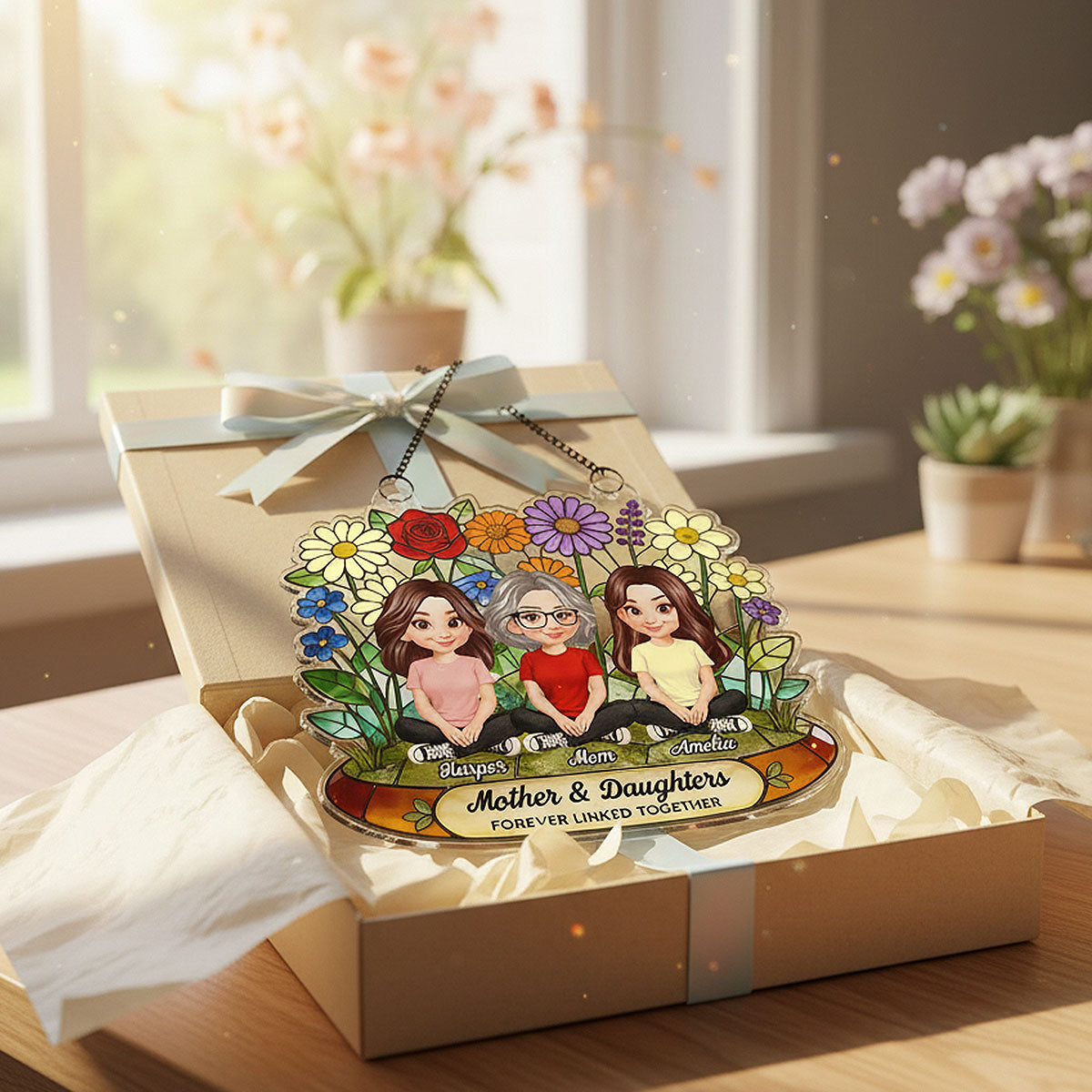 Flower Garden Mom And Son Daughter Forever Linked Together - Personalized Suncatcher Ornament - Gift For Mom