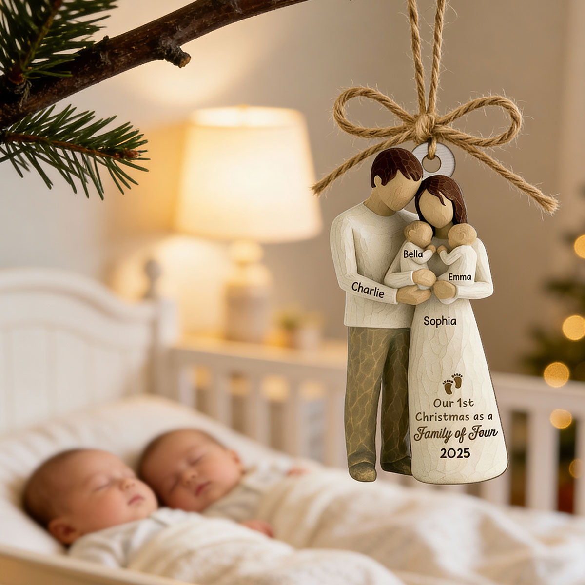 3D Effect First Christmas As Family Of Four Mom Dad & Twin Babies - Personalized Wooden Ornament