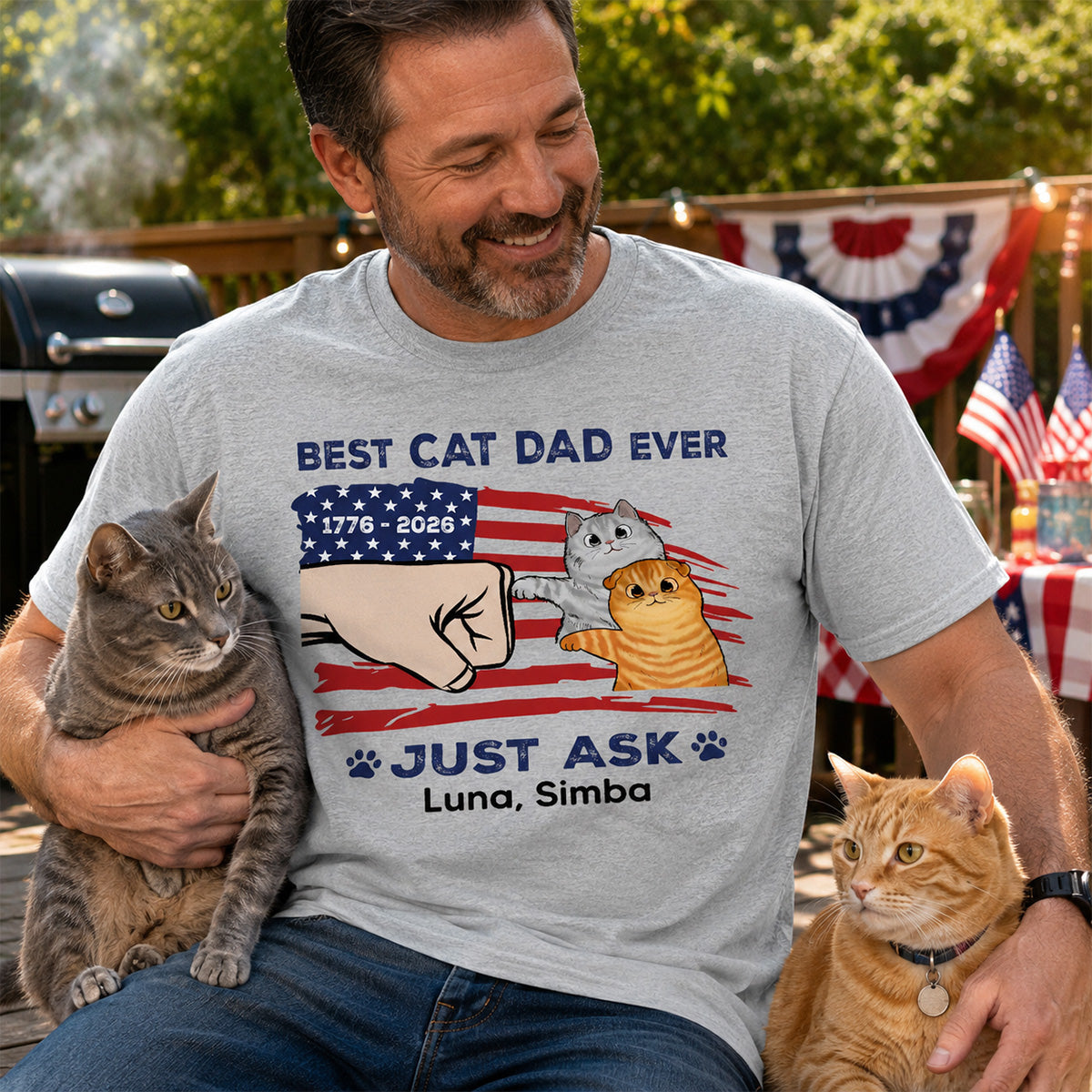 Best Cat Dad Ever Just Ask Nation Flag Theme - Personalized Shirt - Father's Day Gift For Cat Dad, Patriotic 4th Of July Gift, USA 250th Anniversary